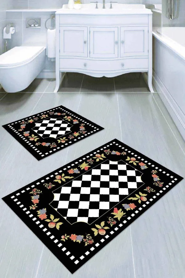 Kaydırmaz Klozet Takımı Siyah Çerçeveli Banyo Halısı Klozet Takımı Paspas Seti BS030