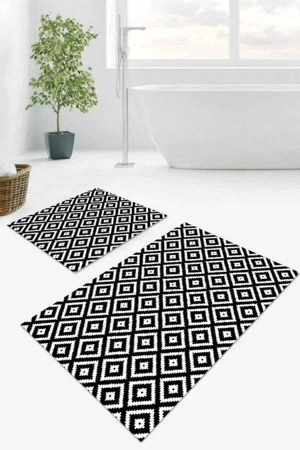 Klozet Takımı Modellerı Siyah Karo Desen Banyo Halısı Klozet 2'li Paspas Seti BS031
