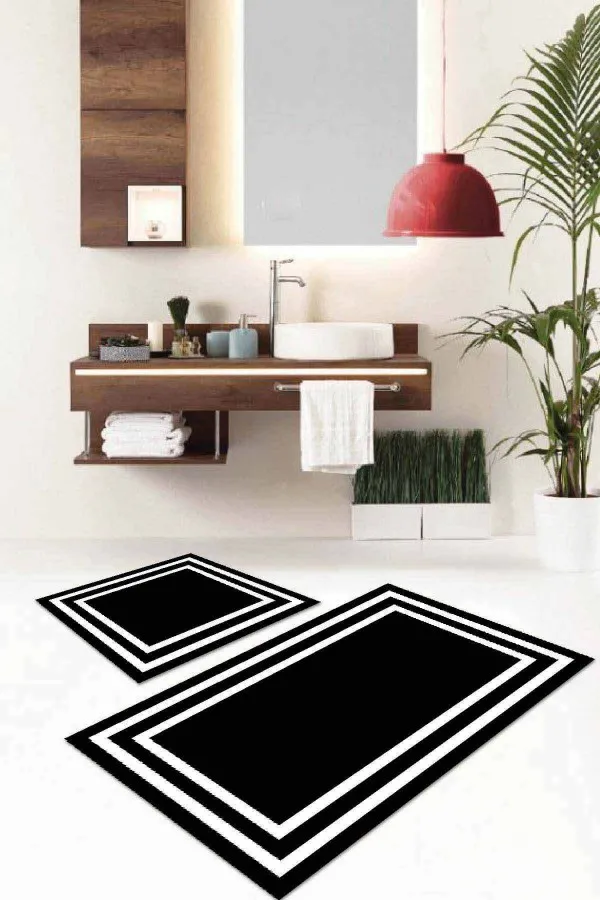 Banyo Halısı Seti Siyah Çerçeve Desenli Banyo Halısı Klozet Paspas Seti BS033