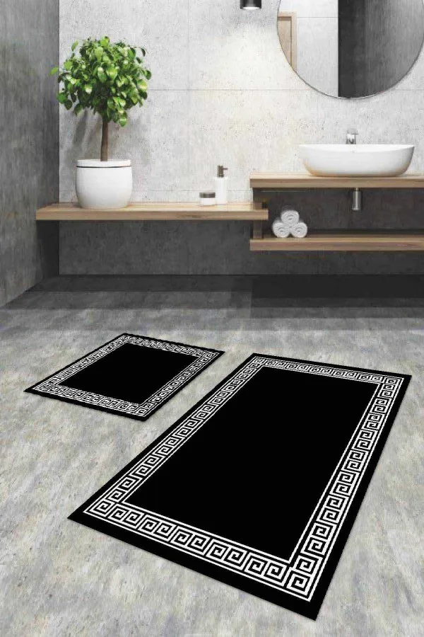 Banyo Halısı Üçlü Set Siyah Çerçeve Temalı Banyo Halısı Klozet Paspas Seti BS034