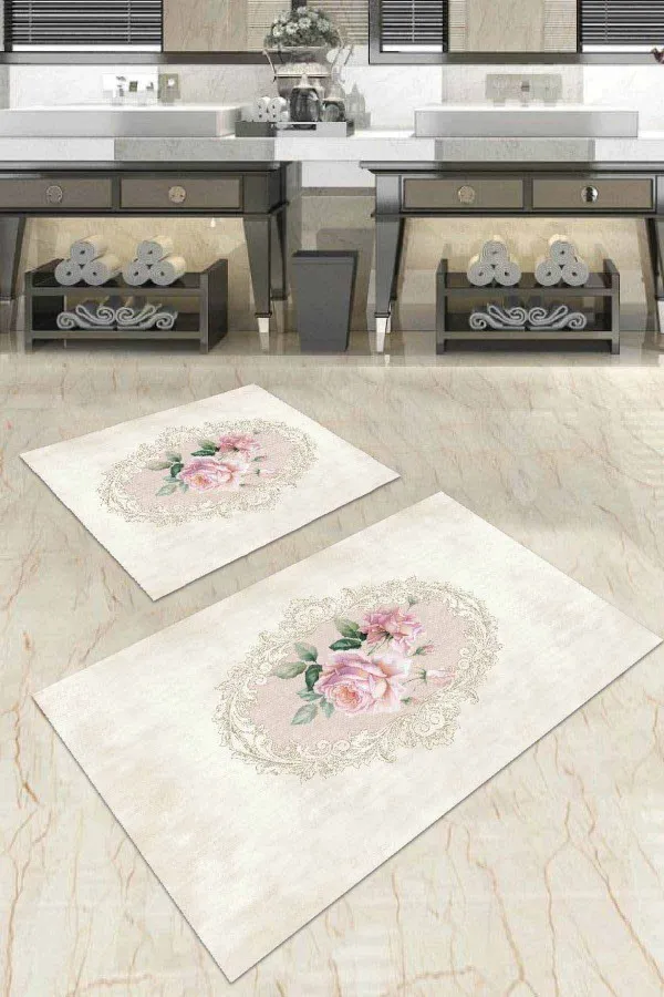 Küçük Banyo Paspası Bej Çiçek Desenli Banyo Halısı Klozet 2'li Paspas Seti BS035