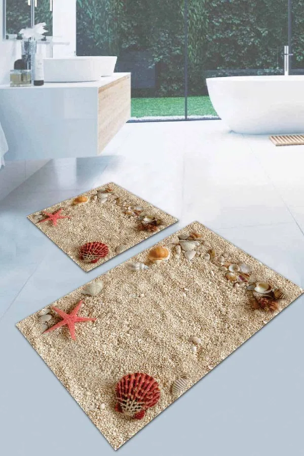 Lastik Banyo Paspası Bej Deniz Kabuklu Banyo Halısı Klozet 2'li Paspas Seti BS041
