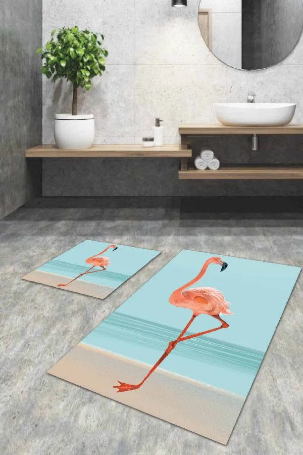 Klozet Takımı Paspas Modelleri Turkuaz Flamingolu Banyo Halısı Klozet Paspas Seti BS043