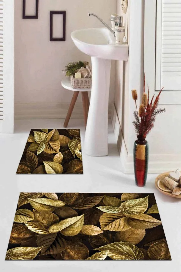 Şık Banyo Halıları Gold Yaprak Desenli Banyo Halısı Klozet Paspas Seti BS044