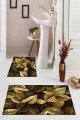 Şık Banyo Halıları Gold Yaprak Desenli Banyo Halısı Klozet Paspas Seti BS044