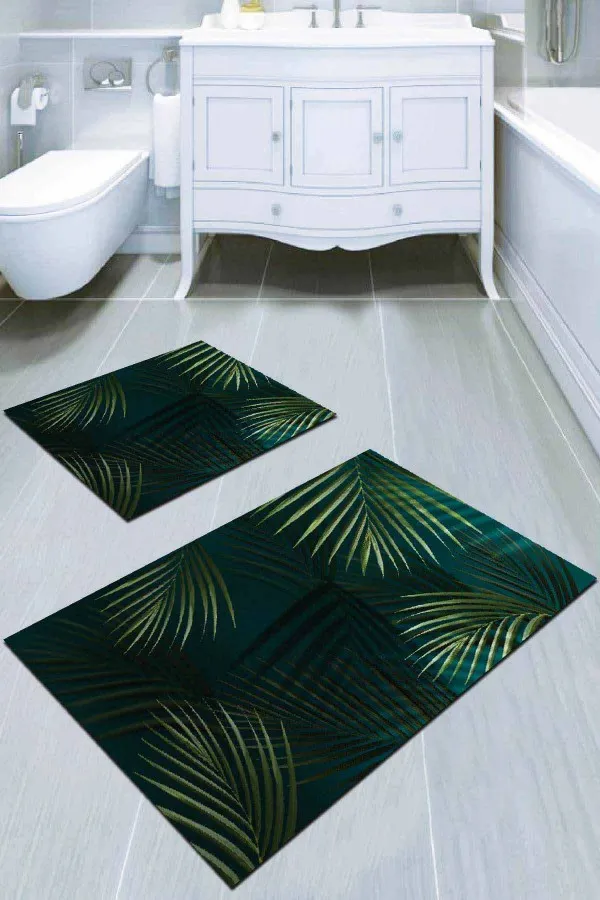 Büyük Banyolar İçin Paspas Yeşil Yaprak Desenli Banyo Halısı Klozet Paspas Seti BS049