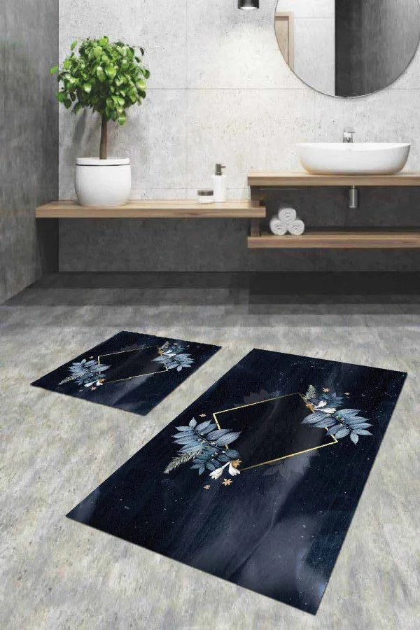 Banyo Kaydırmaz Halı Lacivert Çiçekli Banyo Halısı Klozet 2'li Paspas Seti BS053
