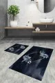 Banyo Kaydırmaz Halı Lacivert Çiçekli Banyo Halısı Klozet 2'li Paspas Seti BS053