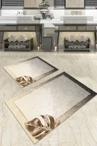 Bej Yaprak Desenli Banyo Halısı Klozet Paspas Seti BS055 Bej Yaprak Desenli Banyo Halısı Klozet Paspas Seti BS055