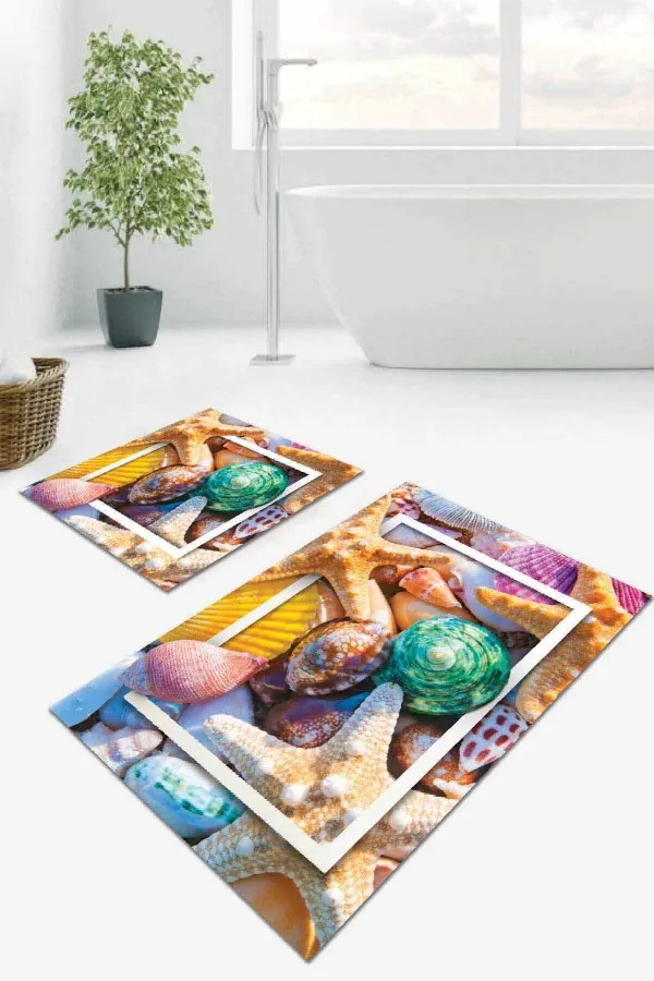 Lüks Klozet Takımı Renkli Deniz Kabuklu Banyo Halısı Klozet Paspas Seti BS056