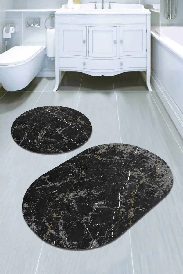 Banyo Paspası Oval Füme Mermer Görünümlü Oval Banyo Klozet Paspas Seti BS057