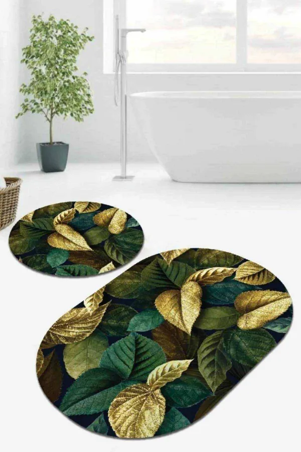 Büyük Ebat Banyo Halısı Yeşil Yaprak Temalı Oval Banyo Klozet Paspas Seti BS058