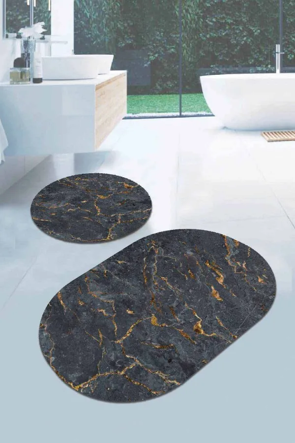 Banyo Paspasları Oval Füme Mermer Görünümlü Oval Banyo Klozet Paspas Seti BS059