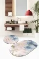Oval Banyo Halıları Mavi Mermer Görünümlü Oval Banyo Klozet Paspas Seti BS060