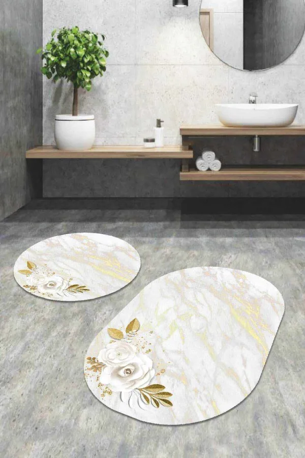 Banyo İçin Kaydırmaz Halı Krem Çiçek Desen Banyo Halısı Klozet Oval Paspas Seti BS061