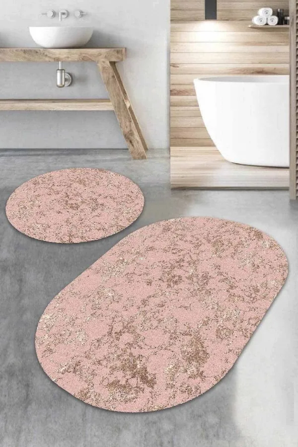 Banyo Halısı Oval Pembe Mermer Görünümlü Oval Banyo Klozet Paspas Seti BS064
