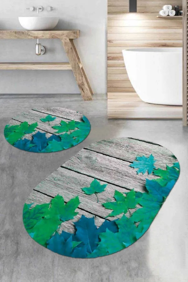 İkili Banyo Paspas Takımları Yeşil Çınar 3D Banyo Halısı Klozet Oval Paspas Seti BS069