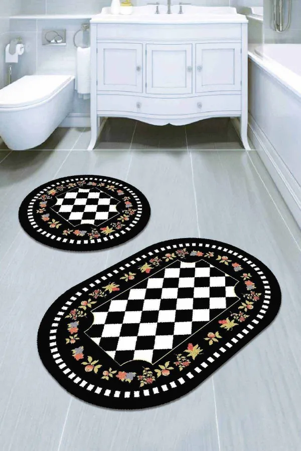 Banyo Paspası Büyük Siyah Çerçeveli Banyo Halısı Klozet Oval Paspas Seti BS072