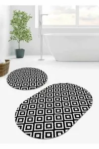 Siyah Karo Desen Banyo Halısı Klozet Oval Paspas Seti BS073
