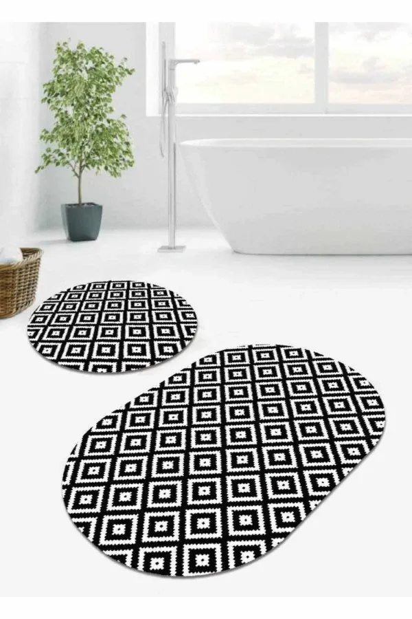 Banyo Paspası Dijital Baskılı Siyah Karo Desen Banyo Halısı Klozet Oval Paspas Seti BS073