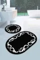 Banyo Paspası Yuvarlak Siyah Çerçeveli Desen Oval Banyo Klozet Paspas Seti BS074