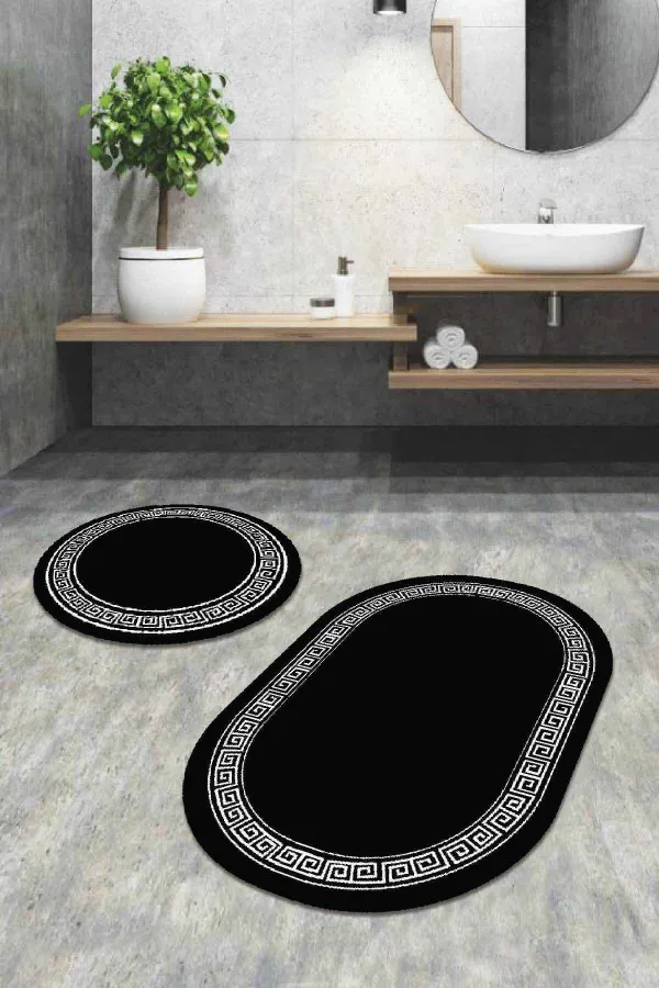 Banyo Paspas Seti 3Lü Siyah Çerçeve Temalı Oval Banyo Klozet Paspas Seti BS076