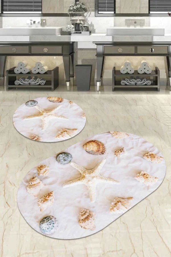 Altı Kaymaz Banyo Paspası Kemik Marin Desen Banyo Halısı Klozet Oval Paspas Seti BS078