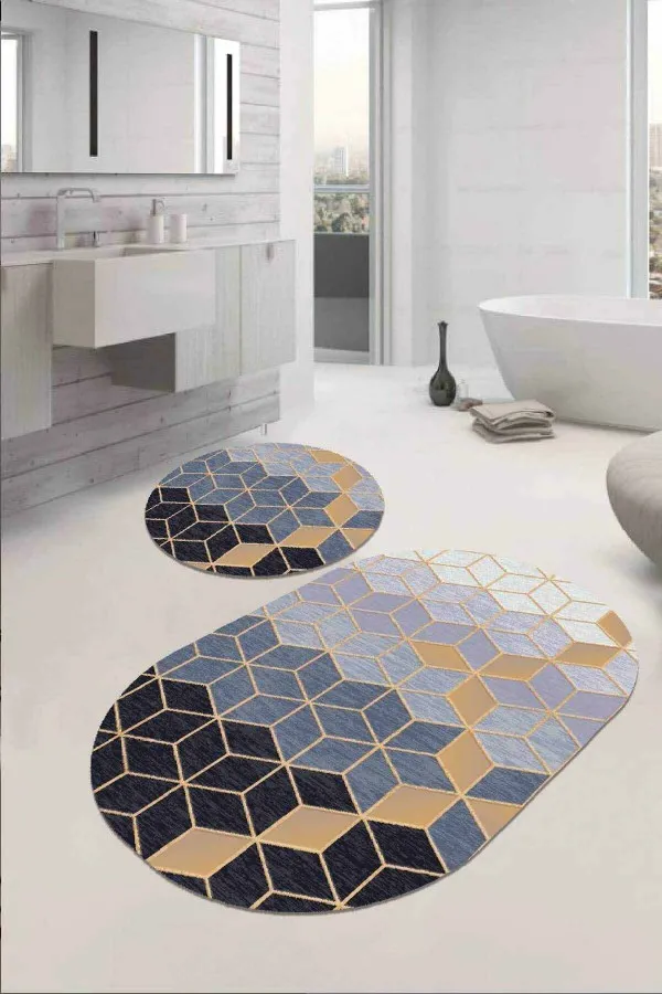 Kaydırmaz Banyo Halıları Siyah Petek Banyo Halısı Klozet Oval 2'li Paspas Seti BS080