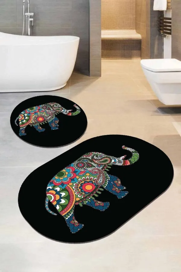 Oval Banyo Paspasi Siyah Filli Banyo Halısı Klozet Oval 2'li Paspas Seti BS081