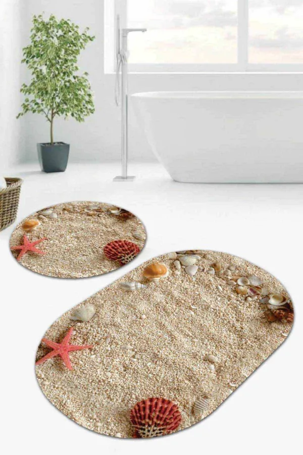 Oval Klozet Takımı Bej Deniz Kabuklu Banyo Halısı Klozet Oval Paspas Seti BS083