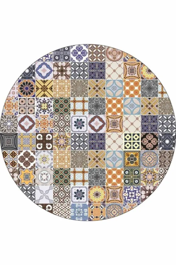 Oval Paspas Mavi Çini Desenli Banyo Halısı Klozet Oval Paspas Seti BS084