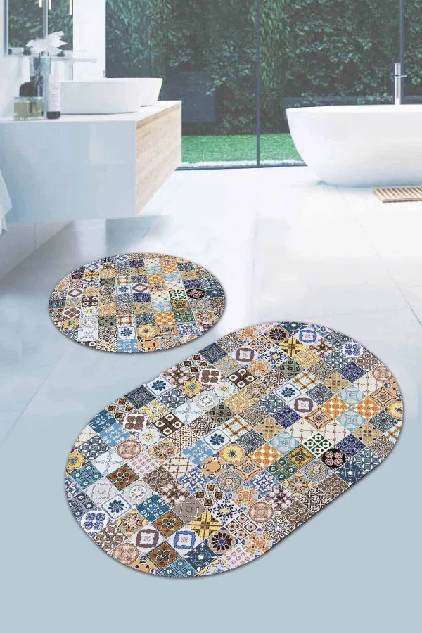 Oval Paspas Mavi Çini Desenli Banyo Halısı Klozet Oval Paspas Seti BS084