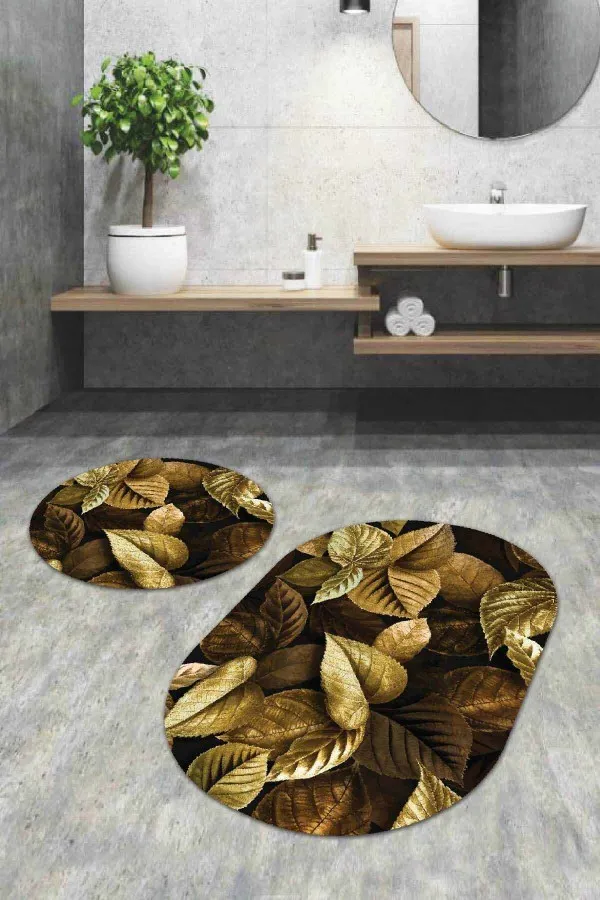 Şık Banyo Paspas Modelleri Gold Yaprak Desen Banyo Halısı Klozet Oval Paspas Seti BS086