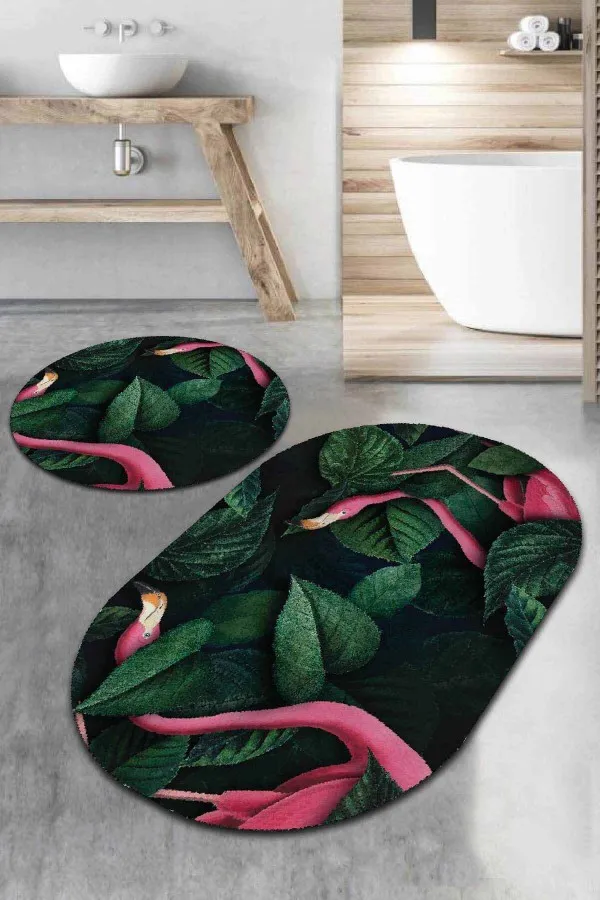 Dikdörtgen Banyo Paspası Yeşil Yapraklı Desen Oval Banyo Klozet Paspas Seti BS089