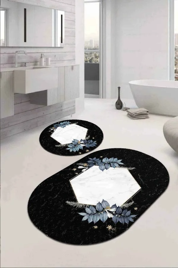 Lavabo Paspası Takımı Siyah Çiçekli Banyo Halısı Klozet Oval Paspas Seti BS090