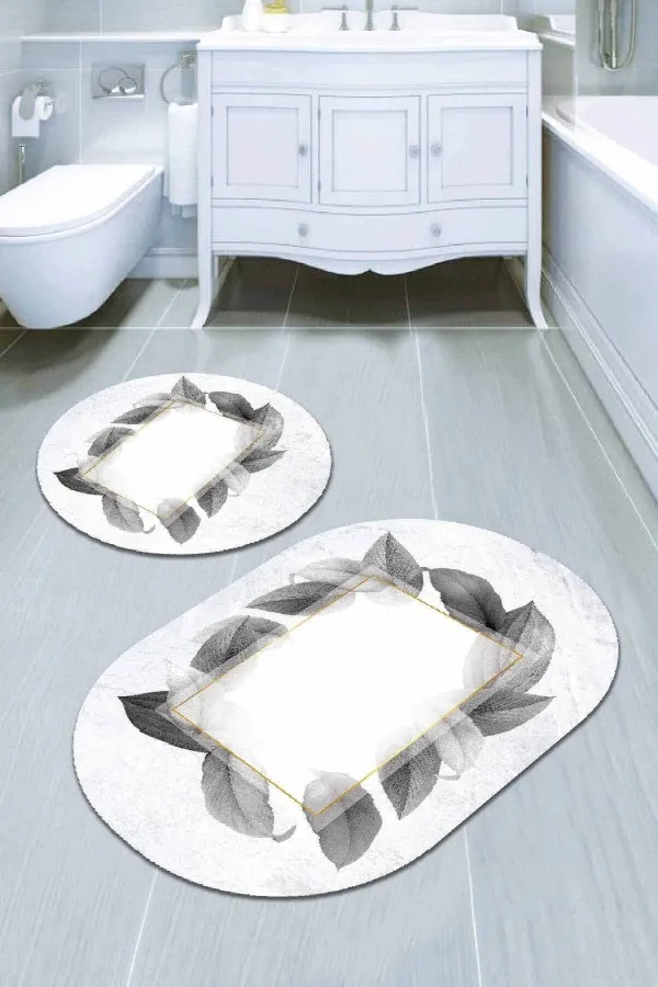 Banyo Halı Modelleri Beyaz Yaprak Temalı Oval Banyo Klozet Paspas Seti BS092