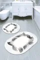 Banyo Halı Modelleri Beyaz Yaprak Temalı Oval Banyo Klozet Paspas Seti BS092