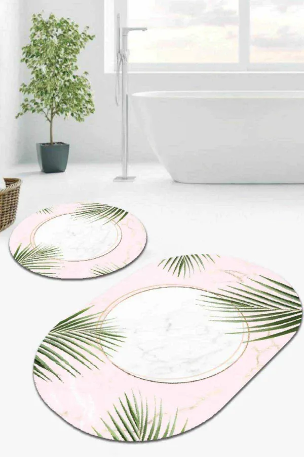 Banyo Halısı 80X150 Pudra Yapraklı Banyo Halısı Klozet Oval Paspas Seti BS093