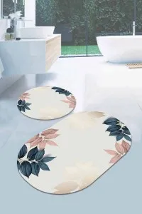 Krem Yapraklı Banyo Halısı Klozet Oval Paspas Seti BS094 Krem Yapraklı Banyo Halısı Klozet Oval Paspas Seti BS094