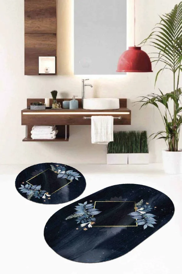 Banyo Kaydırmaz Paspas Lacivert Çiçek Temalı Oval Banyo Klozet Paspas Seti BS095