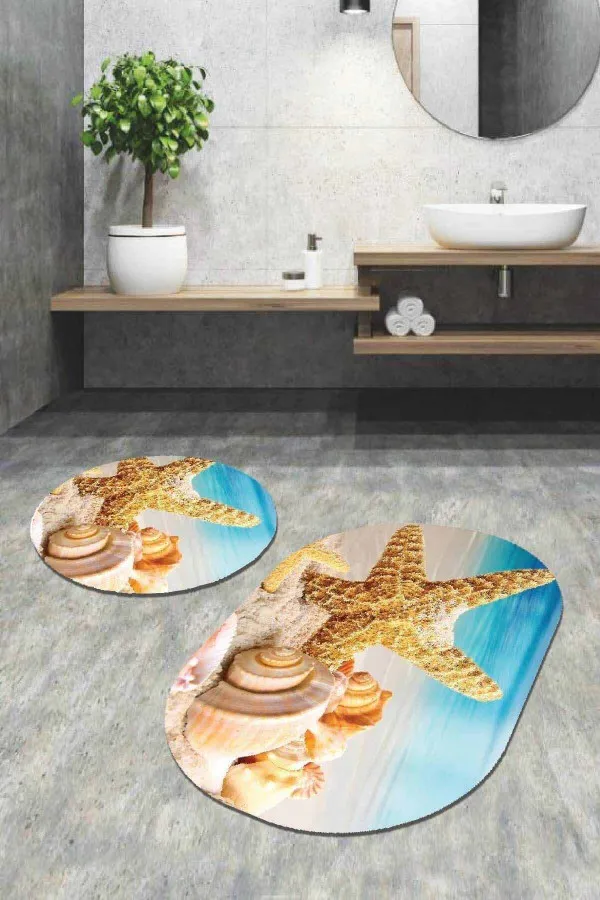 Kaymaz Paspas Modelleri Renkli Marin Desen Oval 2'li Banyo Klozet Paspas Seti BS098