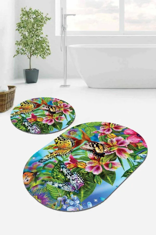 Lavabo Paspas Modelleri Renkli Çiçekli Desen Oval Banyo Klozet Paspas Seti BS100