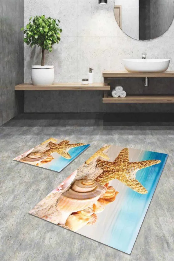 En Şık Klozet Takımı Modelleri Mavi Deniz Kabuklu Banyo Halısı Klozet Paspas Seti BS101