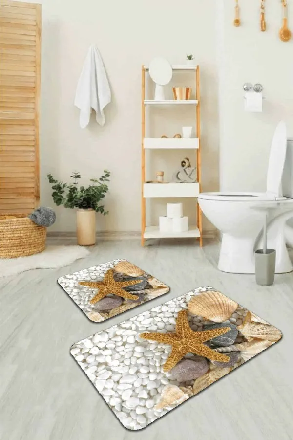 Outlet Banyo Paspasları Bej Deniz Kabuklu Banyo Halısı Klozet 2'li Paspas Seti BS209