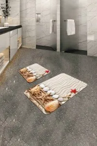 Bej Deniz Kabuklu Banyo Halısı Klozet 2'li Paspas Seti BS210