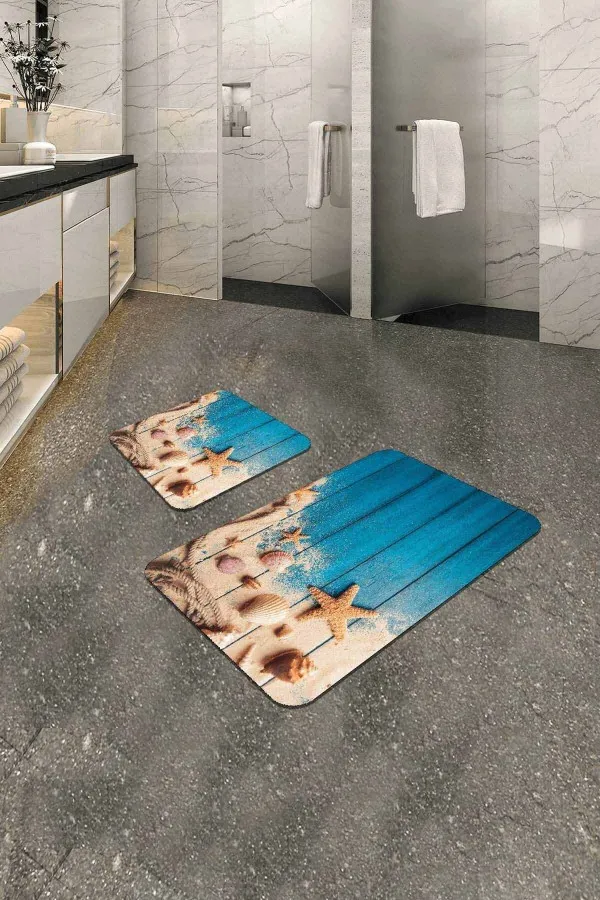 Halı Klozet Takımları Mavi Deniz Kabuklu Banyo Halısı Klozet Paspas Seti BS211
