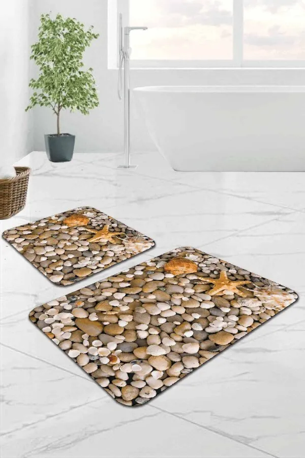 Paspas Takımı Banyo Bej Deniz Kabuklu Banyo Halısı Klozet 2'li Paspas Seti BS214