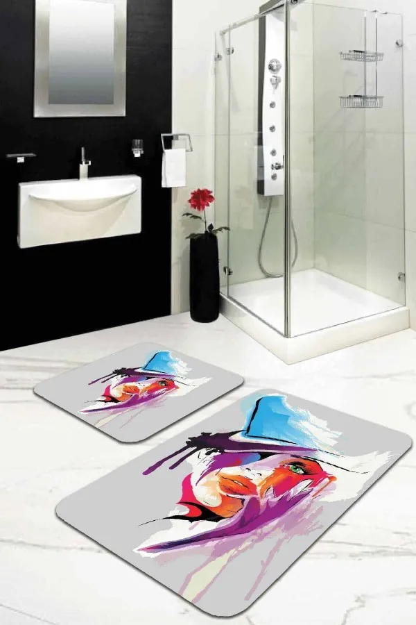 Tasarım Banyo Paspası Gri Yüzler Banyo Halısı Klozet Takımı 2'li Paspas Seti BS215