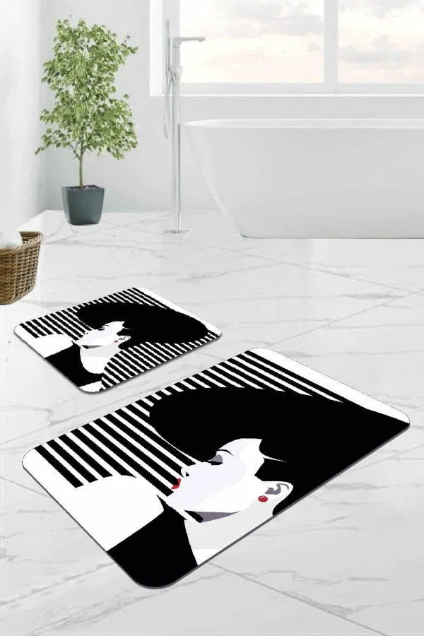 Banyo Halısı Kaydırmaz Siyah Yüzler Banyo Halısı Klozet Takımı Paspas Seti BS218