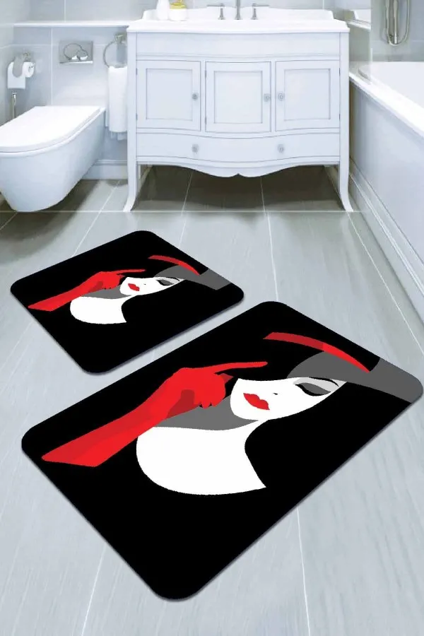 Banyo Halısı Metrelik Siyah Yüzler Banyo Halısı Klozet Takımı Paspas Seti BS219